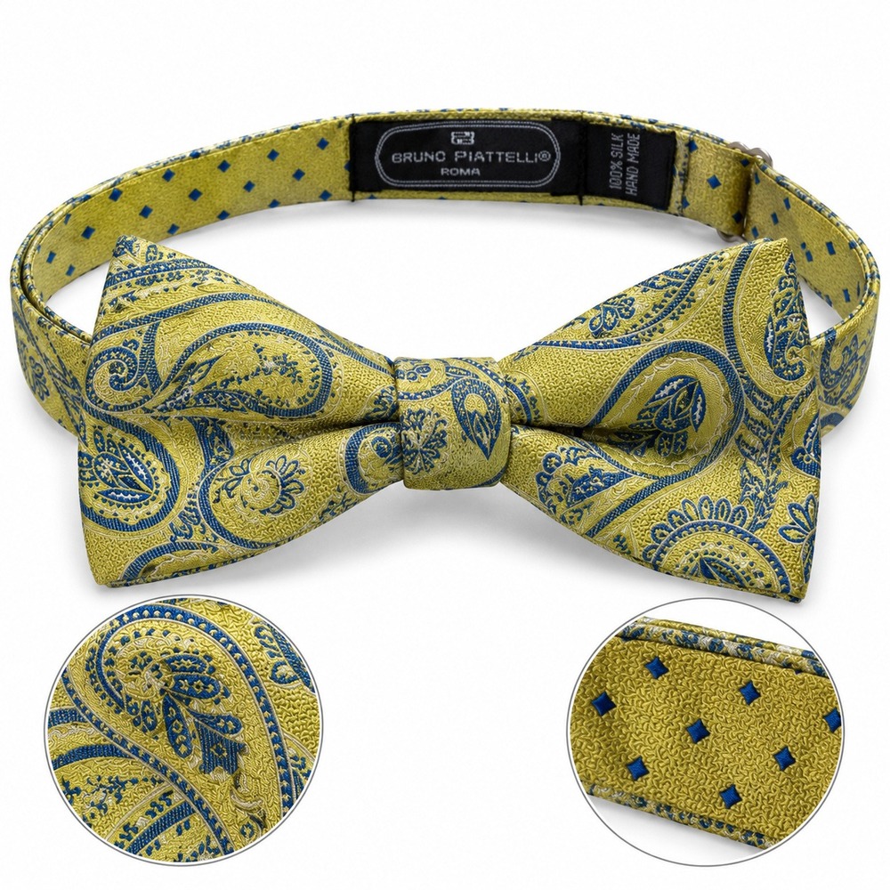 Bruno Piattelli Roma Bow Tie Mens Silk Reversible Yellow Blue Paisley Polka Dot